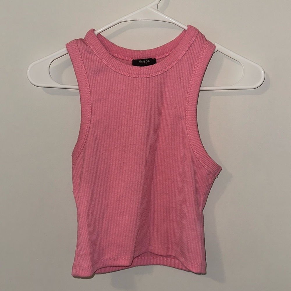 Pink high neck ribbed tank top